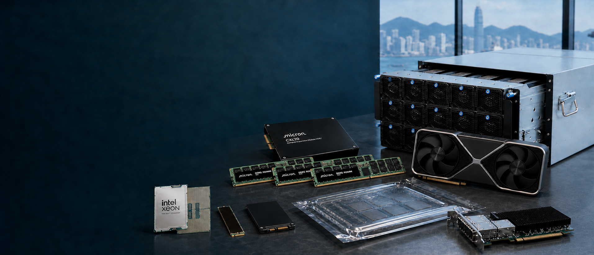 Enterprise CPU, GPU, server, memory and NVMe SSD supply-network illustration