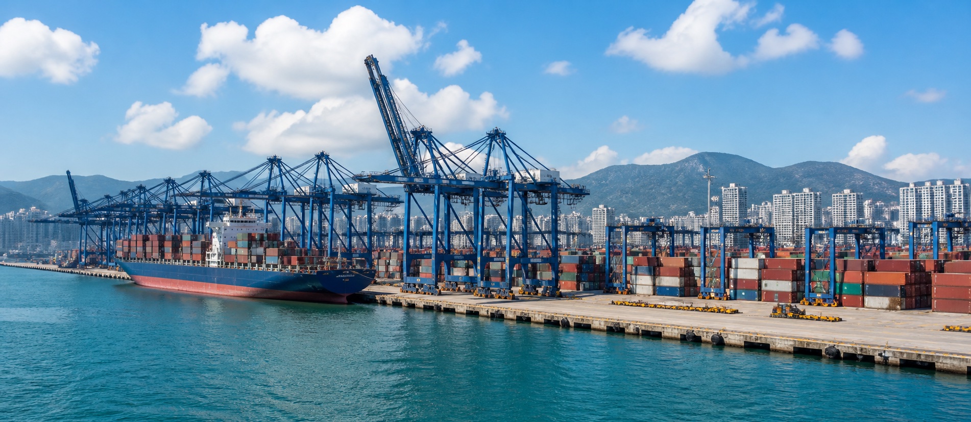 Hong Kong container terminals, cargo vessels and cross-border logistics facilities in clear weather