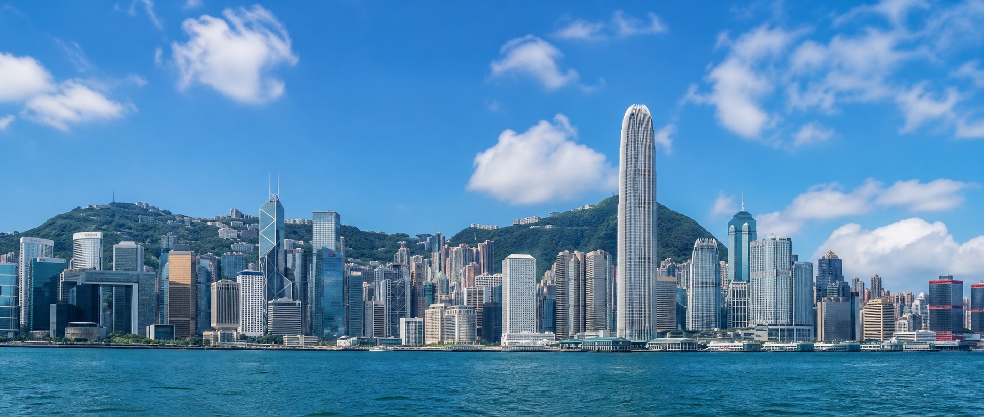 Victoria Harbour and the Central business skyline in clear Hong Kong weather