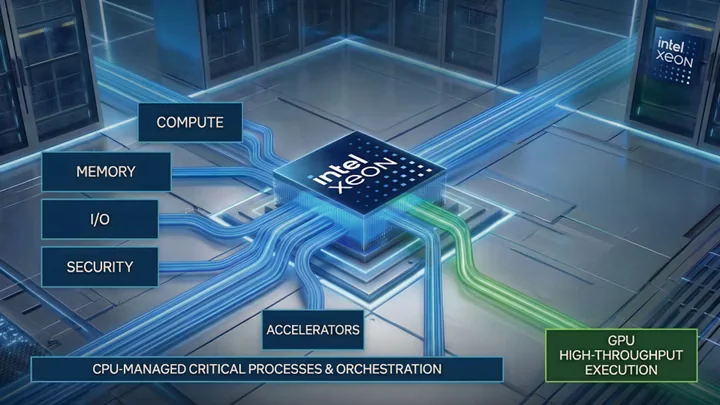 Intel Xeon 與記憶體、I/O 及 GPU 協同示意