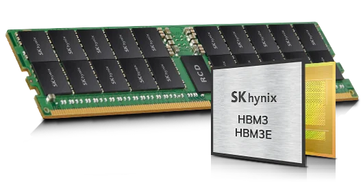 SK hynix 記憶體模組與 HBM3、HBM3E 封裝示意